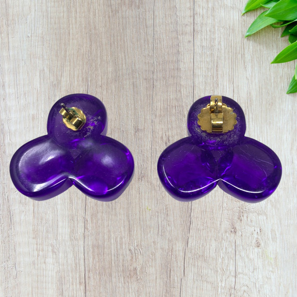 Vintage 1980's Purple Clear Acrylic Triple Bead Earrings New Wave Punk Rock - Picture 3 of 4